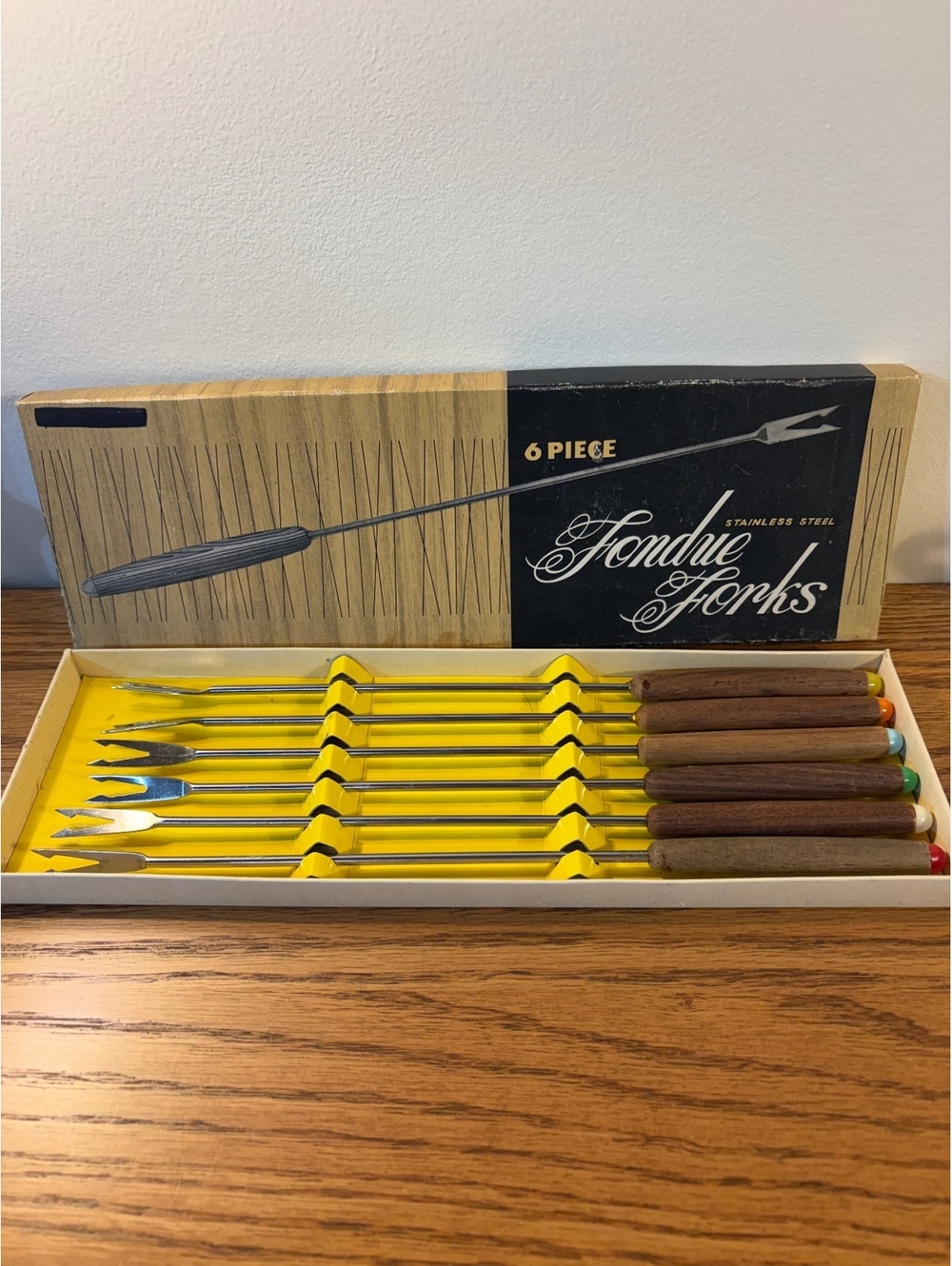 Vintage 6 Piece Fondue Forks Set Stainless Steel Wood Handles Original Box MCM